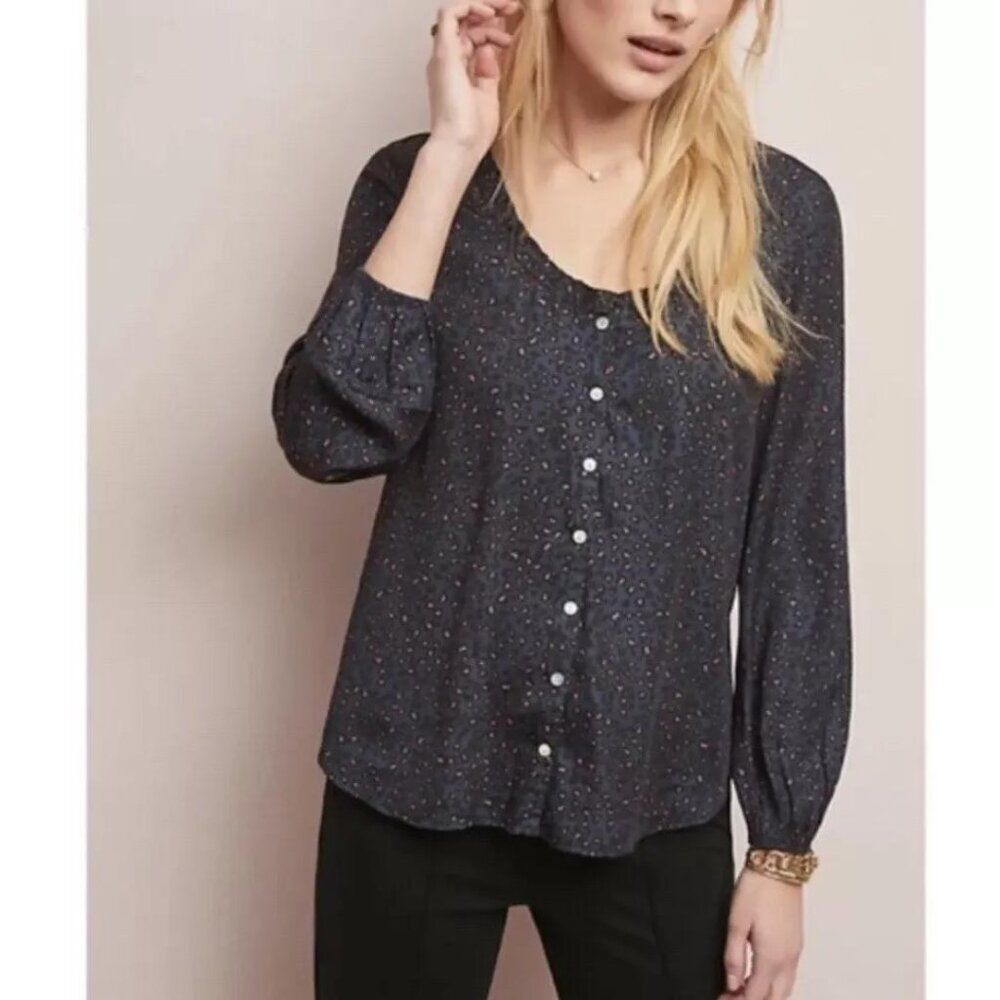Anthropologie Dolan Marilyn Leopard Print Navy Blue Button Front Blouse Medium